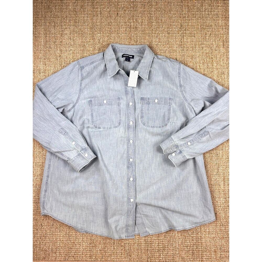 👖 Lands' End Chambray Denim Button-Down Shirt | Size 1X | Gray Blue